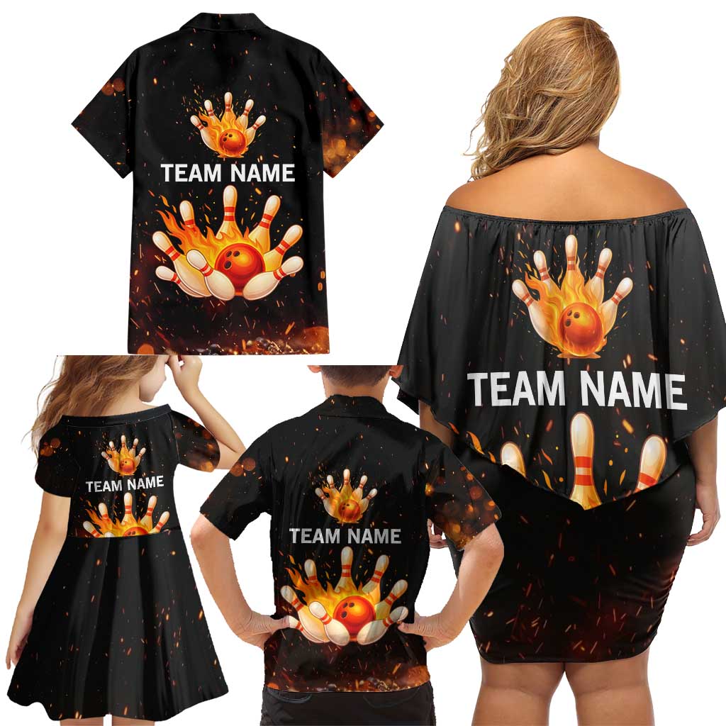 Flaming Bowling Ball Design Family Matching Off Shoulder Short Dress and Hawaiian Shirt with Strike Pins and Glowing Fire Sparks on Dark Background - Wonder Print Shop