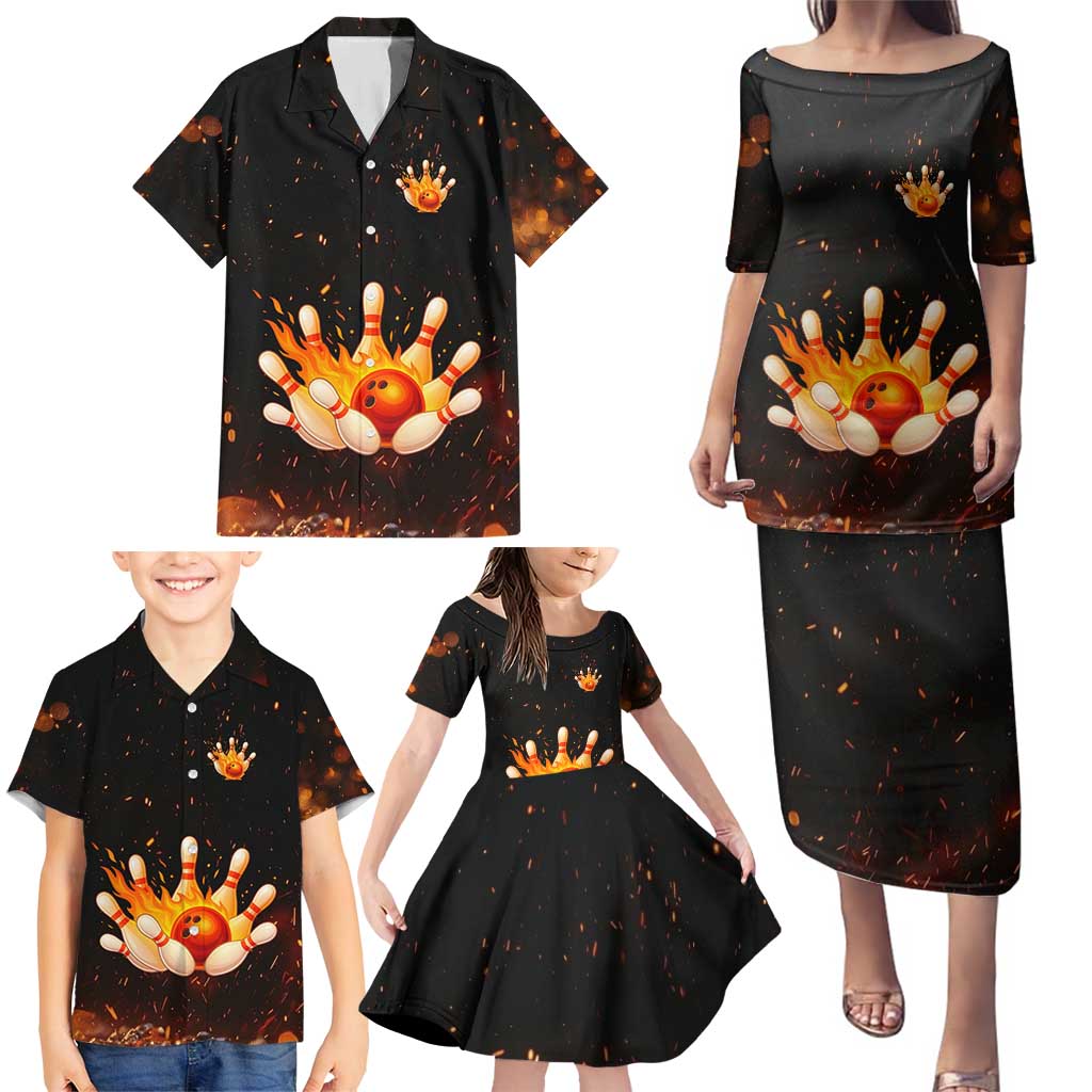 Flaming Bowling Ball Design Family Matching Puletasi and Hawaiian Shirt with Strike Pins and Glowing Fire Sparks on Dark Background - Wonder Print Shop