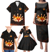 Flaming Bowling Ball Design Family Matching Puletasi and Hawaiian Shirt with Strike Pins and Glowing Fire Sparks on Dark Background - Wonder Print Shop
