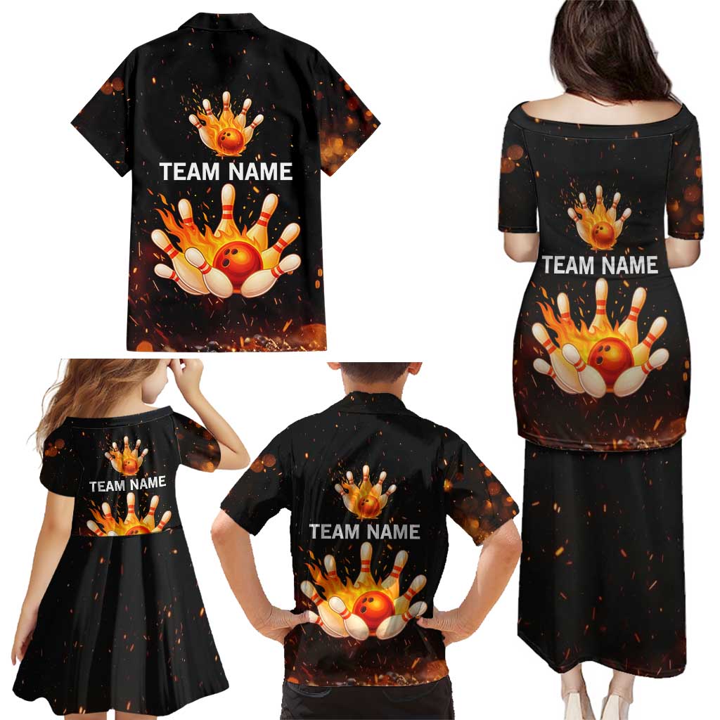 Flaming Bowling Ball Design Family Matching Puletasi and Hawaiian Shirt with Strike Pins and Glowing Fire Sparks on Dark Background - Wonder Print Shop