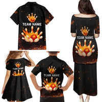 Flaming Bowling Ball Design Family Matching Puletasi and Hawaiian Shirt with Strike Pins and Glowing Fire Sparks on Dark Background - Wonder Print Shop