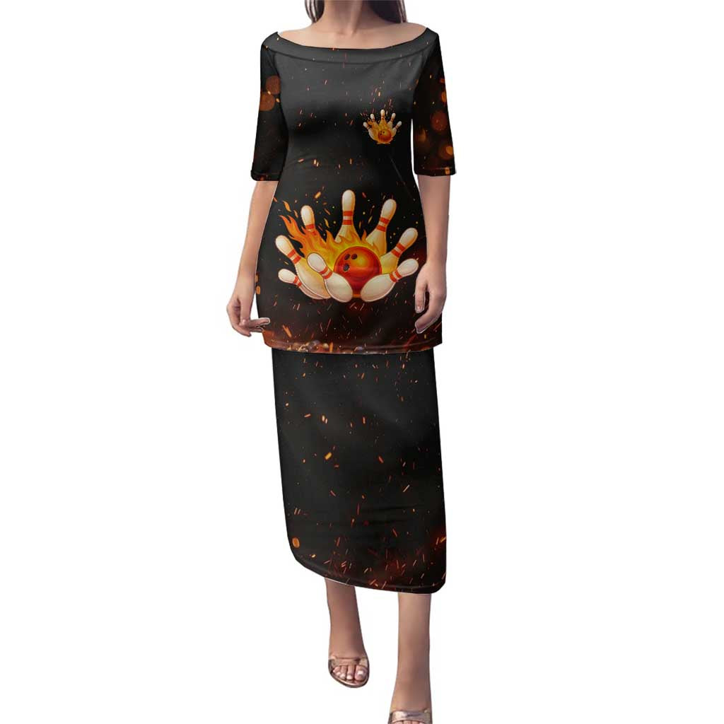 Flaming Bowling Ball Design Family Matching Puletasi and Hawaiian Shirt with Strike Pins and Glowing Fire Sparks on Dark Background - Wonder Print Shop