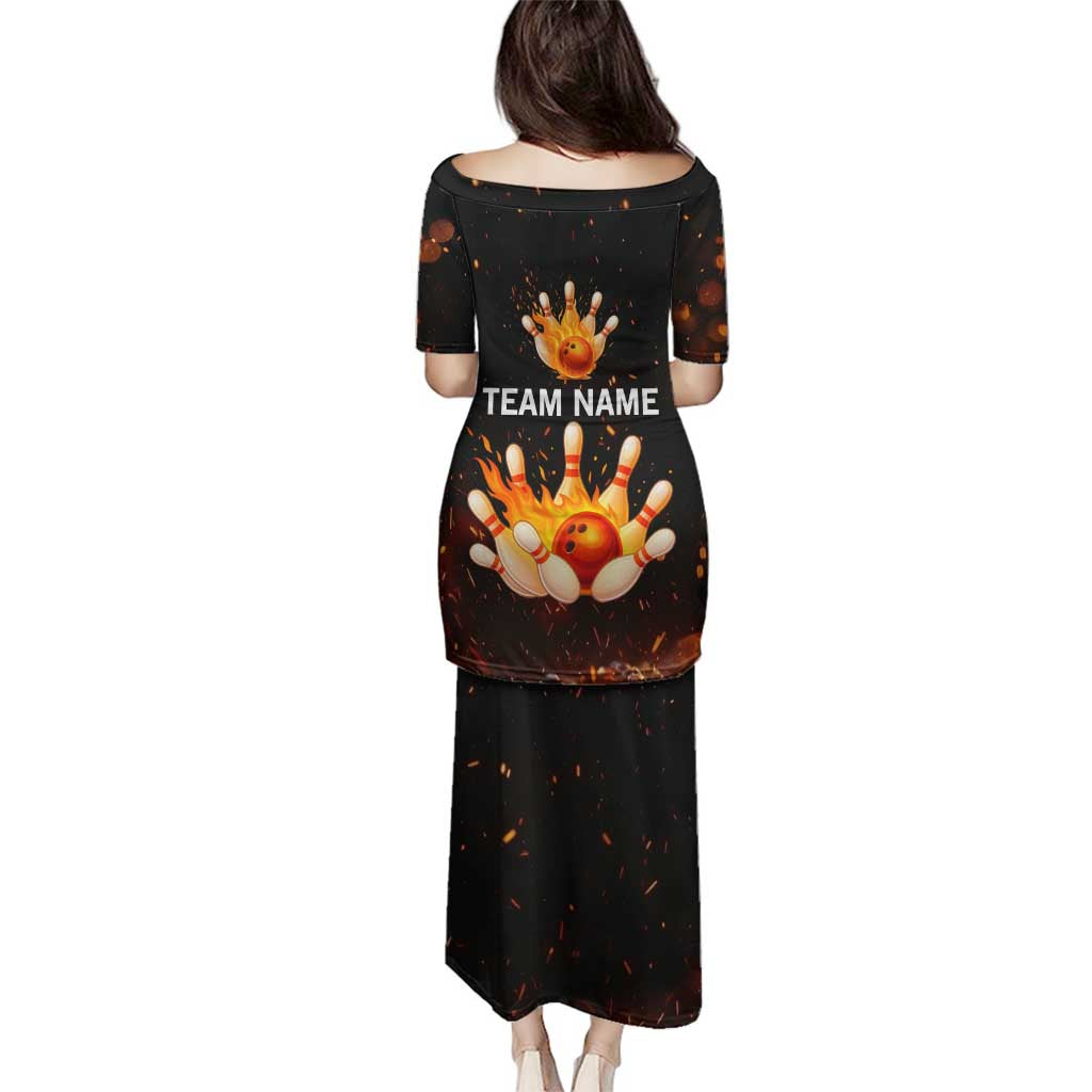 Flaming Bowling Ball Design Family Matching Puletasi and Hawaiian Shirt with Strike Pins and Glowing Fire Sparks on Dark Background - Wonder Print Shop