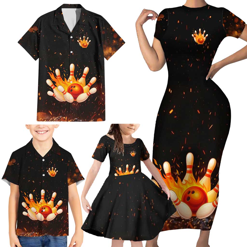 Flaming Bowling Ball Design Family Matching Short Sleeve Bodycon Dress and Hawaiian Shirt with Strike Pins and Glowing Fire Sparks on Dark Background - Wonder Print Shop