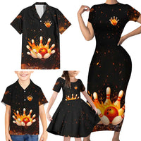 Flaming Bowling Ball Design Family Matching Short Sleeve Bodycon Dress and Hawaiian Shirt with Strike Pins and Glowing Fire Sparks on Dark Background - Wonder Print Shop