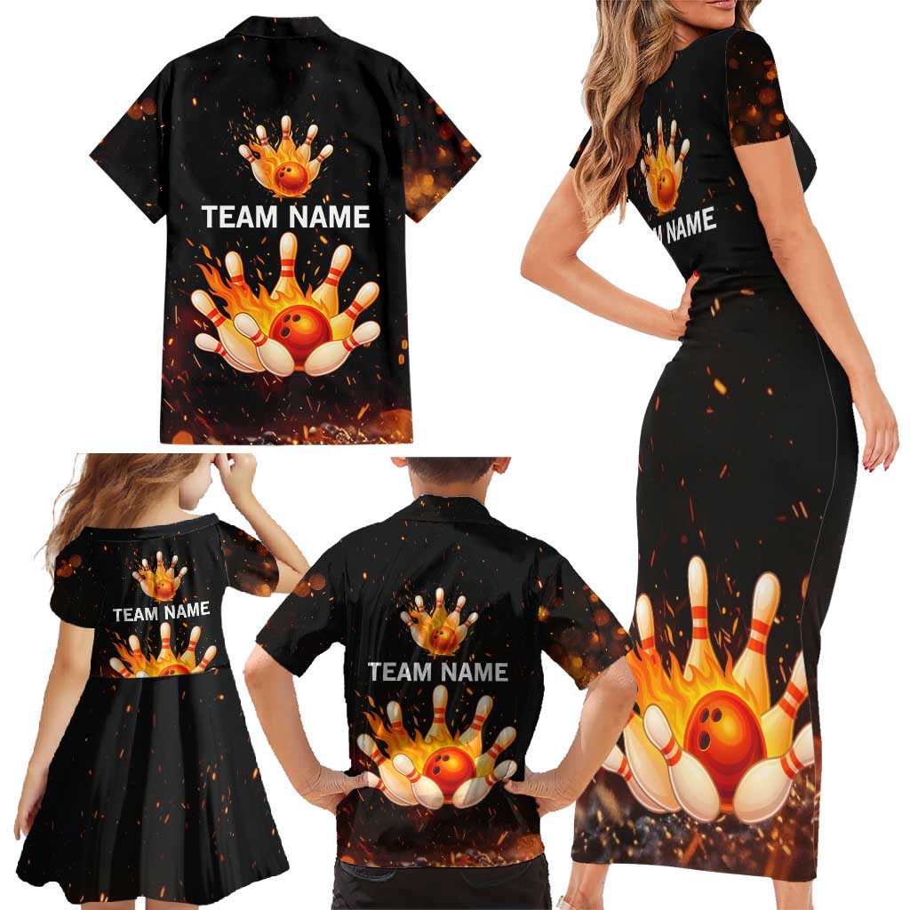 Flaming Bowling Ball Design Family Matching Short Sleeve Bodycon Dress and Hawaiian Shirt with Strike Pins and Glowing Fire Sparks on Dark Background - Wonder Print Shop