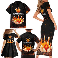 Flaming Bowling Ball Design Family Matching Short Sleeve Bodycon Dress and Hawaiian Shirt with Strike Pins and Glowing Fire Sparks on Dark Background - Wonder Print Shop