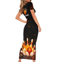 Flaming Bowling Ball Design Family Matching Short Sleeve Bodycon Dress and Hawaiian Shirt with Strike Pins and Glowing Fire Sparks on Dark Background - Wonder Print Shop
