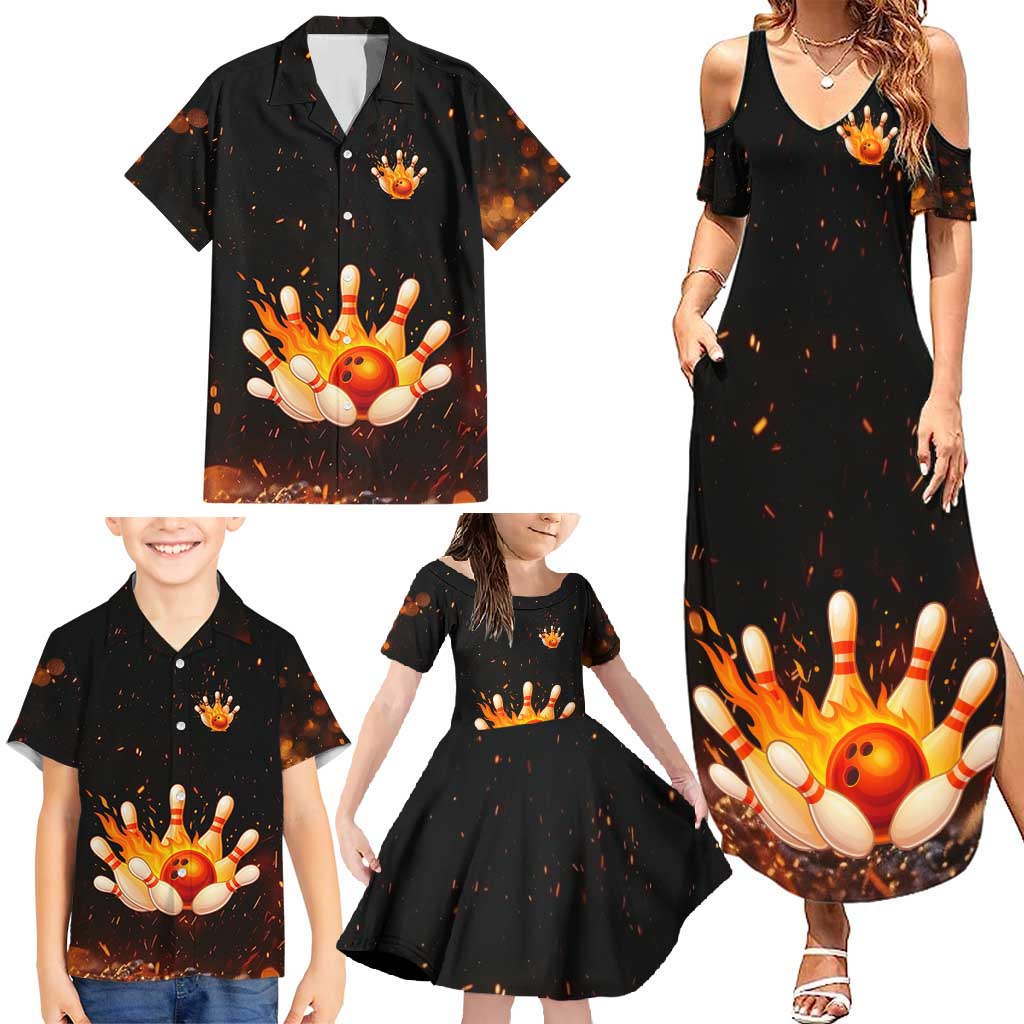 Flaming Bowling Ball Design Family Matching Summer Maxi Dress and Hawaiian Shirt with Strike Pins and Glowing Fire Sparks on Dark Background - Wonder Print Shop