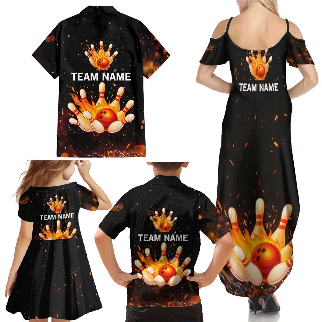 Flaming Bowling Ball Design Family Matching Summer Maxi Dress and Hawaiian Shirt with Strike Pins and Glowing Fire Sparks on Dark Background - Wonder Print Shop