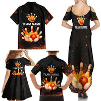 Flaming Bowling Ball Design Family Matching Summer Maxi Dress and Hawaiian Shirt with Strike Pins and Glowing Fire Sparks on Dark Background - Wonder Print Shop