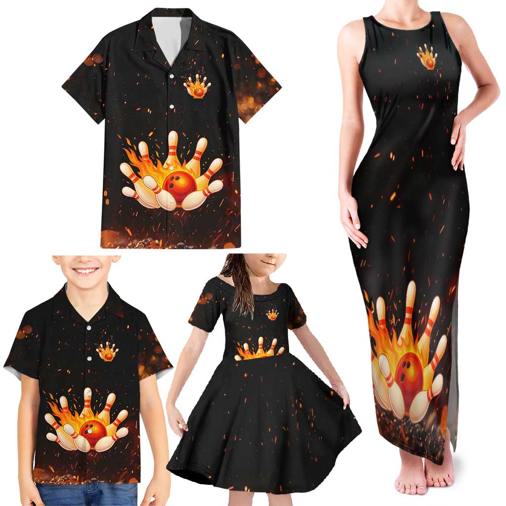 Flaming Bowling Ball Design Family Matching Tank Maxi Dress and Hawaiian Shirt with Strike Pins and Glowing Fire Sparks on Dark Background - Wonder Print Shop
