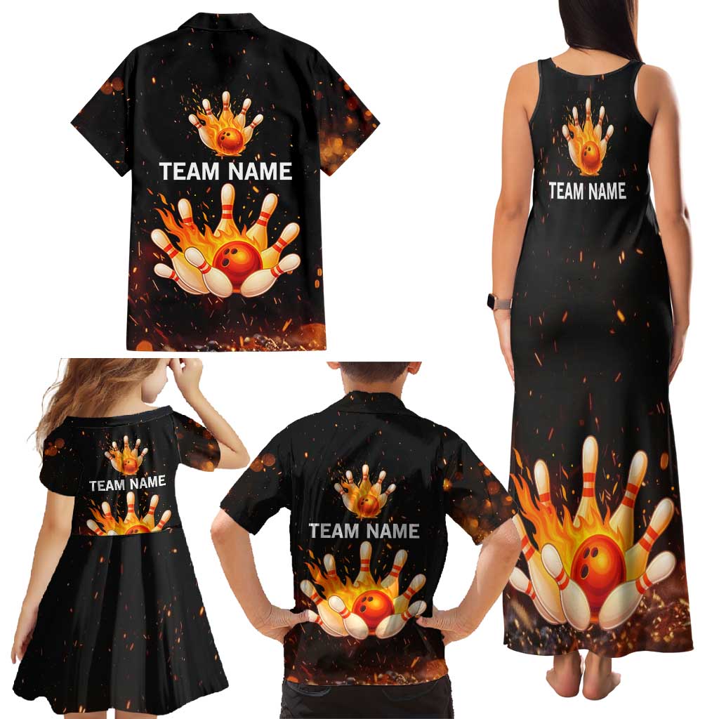 Flaming Bowling Ball Design Family Matching Tank Maxi Dress and Hawaiian Shirt with Strike Pins and Glowing Fire Sparks on Dark Background - Wonder Print Shop