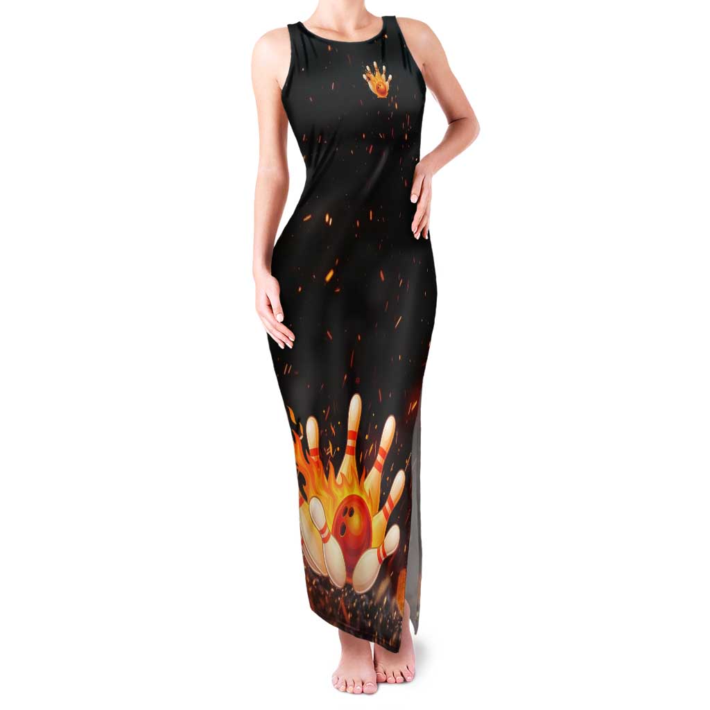 Flaming Bowling Ball Design Family Matching Tank Maxi Dress and Hawaiian Shirt with Strike Pins and Glowing Fire Sparks on Dark Background - Wonder Print Shop