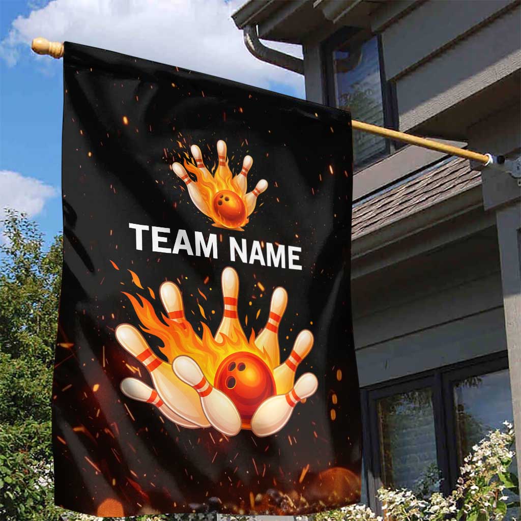 Flaming Bowling Ball Design Garden Flag with Strike Pins and Glowing Fire Sparks on Dark Background - Wonder Print Shop