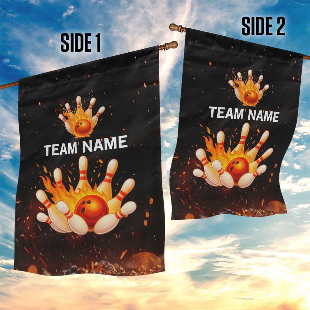 Flaming Bowling Ball Design Garden Flag with Strike Pins and Glowing Fire Sparks on Dark Background - Wonder Print Shop