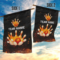 Flaming Bowling Ball Design Garden Flag with Strike Pins and Glowing Fire Sparks on Dark Background - Wonder Print Shop