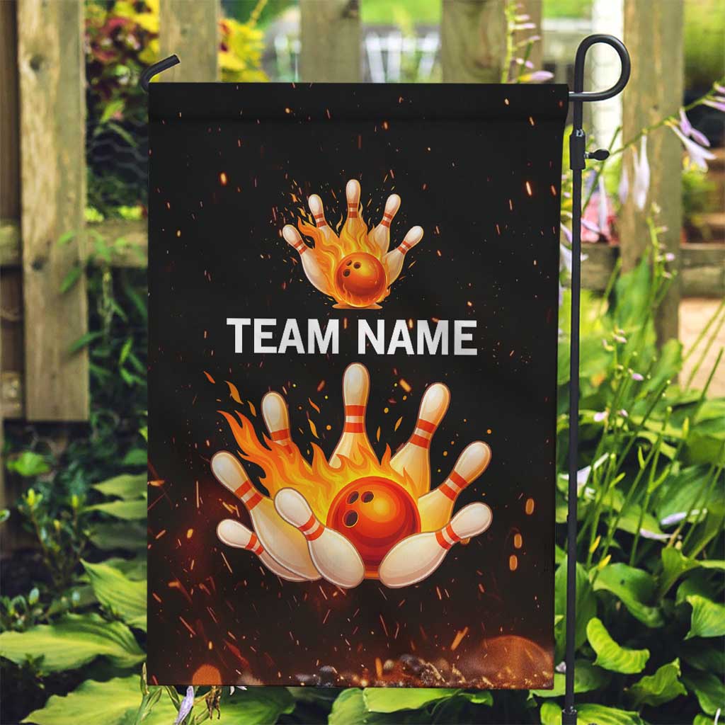 Flaming Bowling Ball Design Garden Flag with Strike Pins and Glowing Fire Sparks on Dark Background - Wonder Print Shop