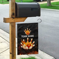 Flaming Bowling Ball Design Garden Flag with Strike Pins and Glowing Fire Sparks on Dark Background - Wonder Print Shop