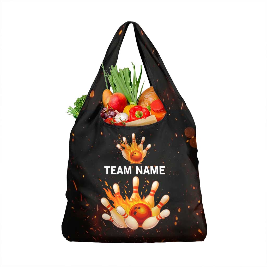 Flaming Bowling Ball Design Grocery Bag with Strike Pins and Glowing Fire Sparks on Dark Background - Wonder Print Shop