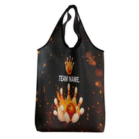 Flaming Bowling Ball Design Grocery Bag with Strike Pins and Glowing Fire Sparks on Dark Background - Wonder Print Shop
