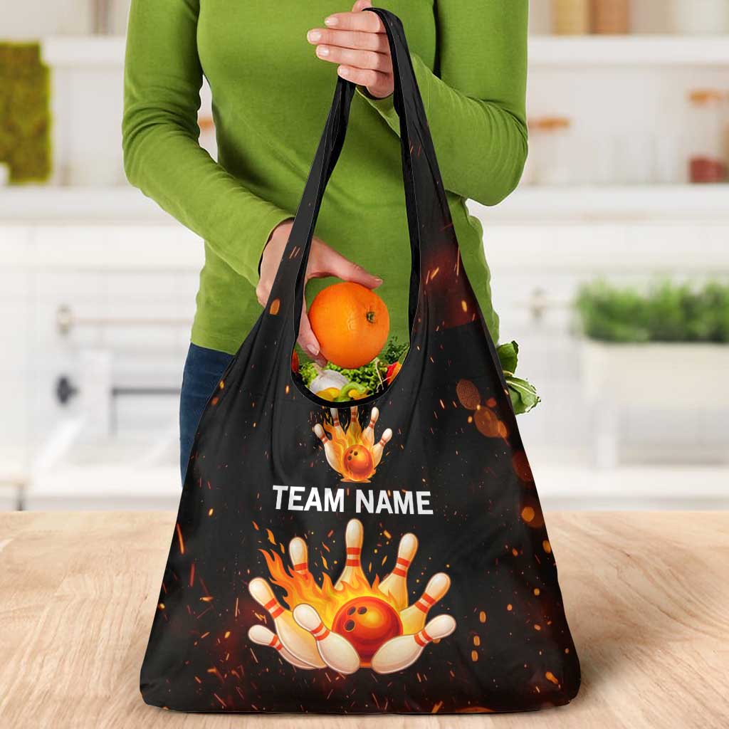 Flaming Bowling Ball Design Grocery Bag with Strike Pins and Glowing Fire Sparks on Dark Background - Wonder Print Shop