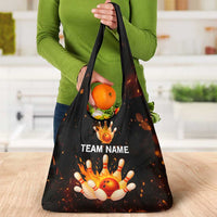 Flaming Bowling Ball Design Grocery Bag with Strike Pins and Glowing Fire Sparks on Dark Background - Wonder Print Shop