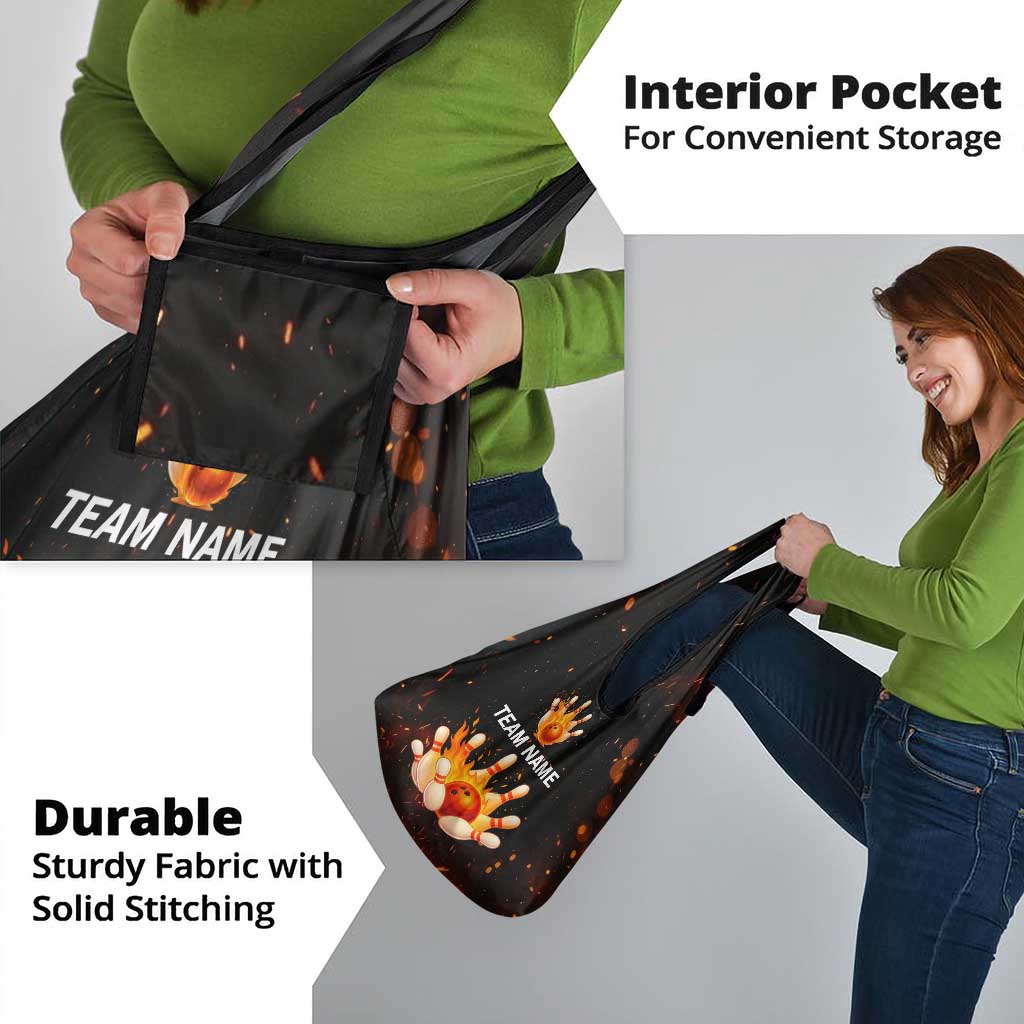 Flaming Bowling Ball Design Grocery Bag with Strike Pins and Glowing Fire Sparks on Dark Background - Wonder Print Shop