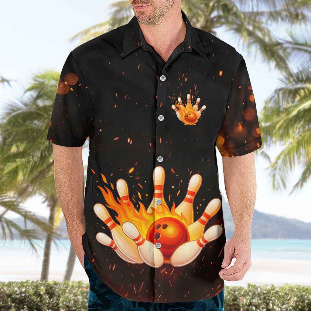 Flaming Bowling Ball Design Hawaiian Shirt with Strike Pins and Glowing Fire Sparks on Dark Background - Wonder Print Shop