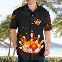 Flaming Bowling Ball Design Hawaiian Shirt with Strike Pins and Glowing Fire Sparks on Dark Background - Wonder Print Shop
