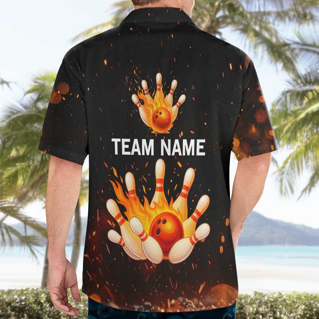 Flaming Bowling Ball Design Hawaiian Shirt with Strike Pins and Glowing Fire Sparks on Dark Background - Wonder Print Shop