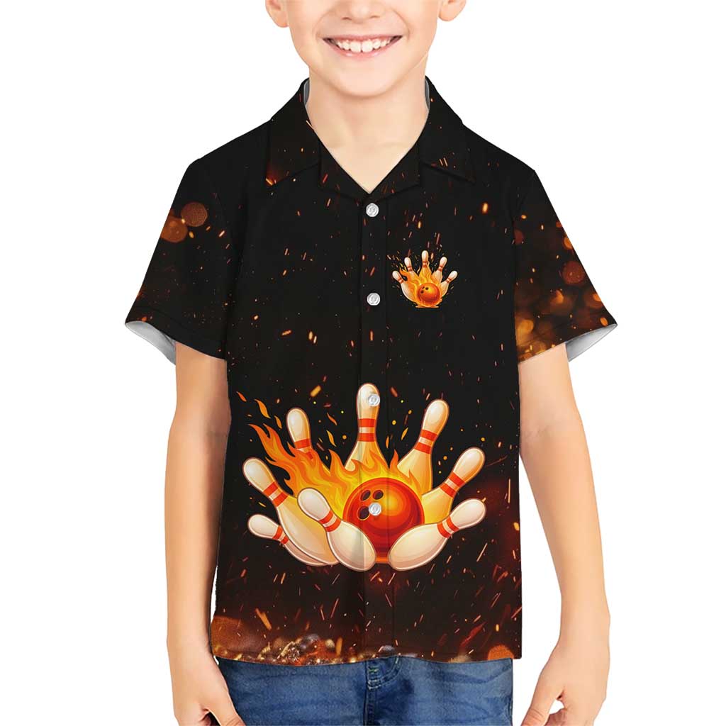 Flaming Bowling Ball Design Hawaiian Shirt with Strike Pins and Glowing Fire Sparks on Dark Background - Wonder Print Shop