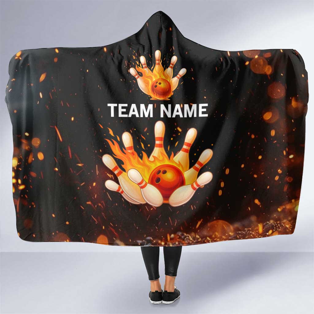 Flaming Bowling Ball Design Hooded Blanket with Strike Pins and Glowing Fire Sparks on Dark Background - Wonder Print Shop