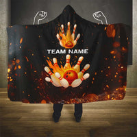 Flaming Bowling Ball Design Hooded Blanket with Strike Pins and Glowing Fire Sparks on Dark Background - Wonder Print Shop