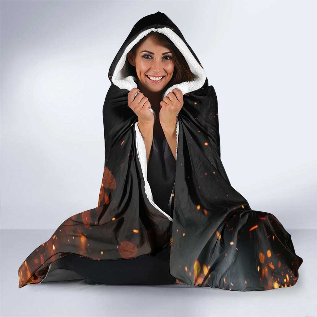 Flaming Bowling Ball Design Hooded Blanket with Strike Pins and Glowing Fire Sparks on Dark Background - Wonder Print Shop