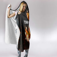 Flaming Bowling Ball Design Hooded Blanket with Strike Pins and Glowing Fire Sparks on Dark Background - Wonder Print Shop