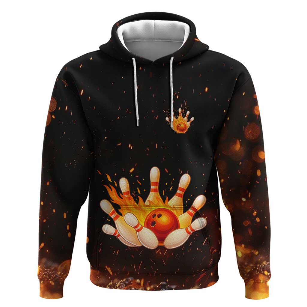 Flaming Bowling Ball Design Hoodie with Strike Pins and Glowing Fire Sparks on Dark Background - Wonder Print Shop