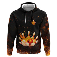 Flaming Bowling Ball Design Hoodie with Strike Pins and Glowing Fire Sparks on Dark Background - Wonder Print Shop