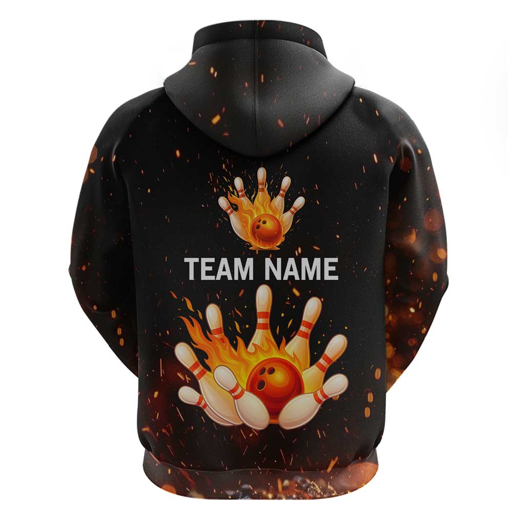 Flaming Bowling Ball Design Hoodie with Strike Pins and Glowing Fire Sparks on Dark Background - Wonder Print Shop