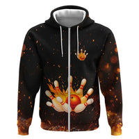 Flaming Bowling Ball Design Hoodie with Strike Pins and Glowing Fire Sparks on Dark Background - Wonder Print Shop