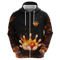 Flaming Bowling Ball Design Hoodie with Strike Pins and Glowing Fire Sparks on Dark Background - Wonder Print Shop
