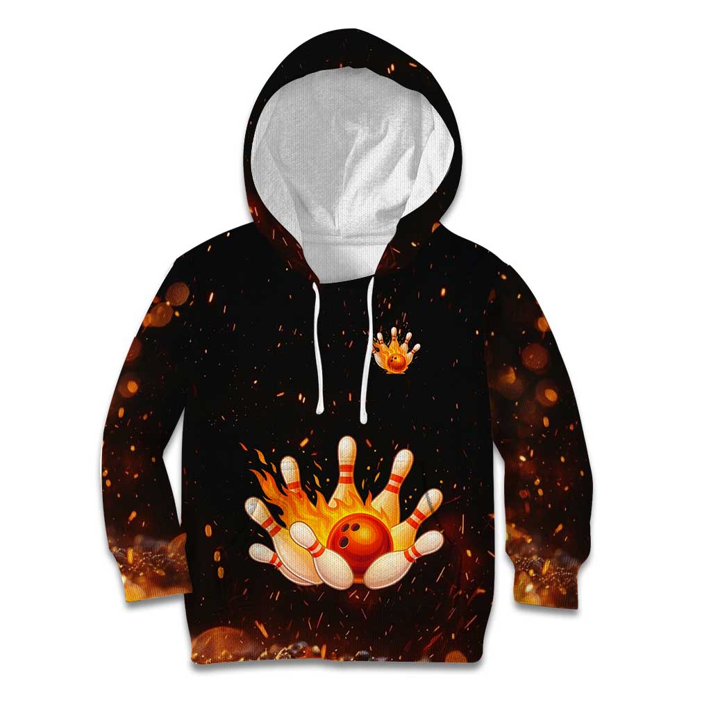 Flaming Bowling Ball Design Kid Hoodie with Strike Pins and Glowing Fire Sparks on Dark Background - Wonder Print Shop
