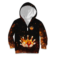 Flaming Bowling Ball Design Kid Hoodie with Strike Pins and Glowing Fire Sparks on Dark Background - Wonder Print Shop