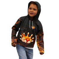 Flaming Bowling Ball Design Kid Hoodie with Strike Pins and Glowing Fire Sparks on Dark Background - Wonder Print Shop