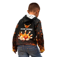 Flaming Bowling Ball Design Kid Hoodie with Strike Pins and Glowing Fire Sparks on Dark Background - Wonder Print Shop