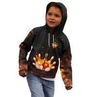 Flaming Bowling Ball Design Kid Hoodie with Strike Pins and Glowing Fire Sparks on Dark Background - Wonder Print Shop