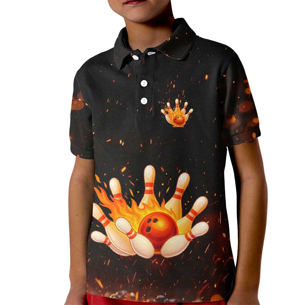 Flaming Bowling Ball Design Kid Polo Shirt with Strike Pins and Glowing Fire Sparks on Dark Background - Wonder Print Shop