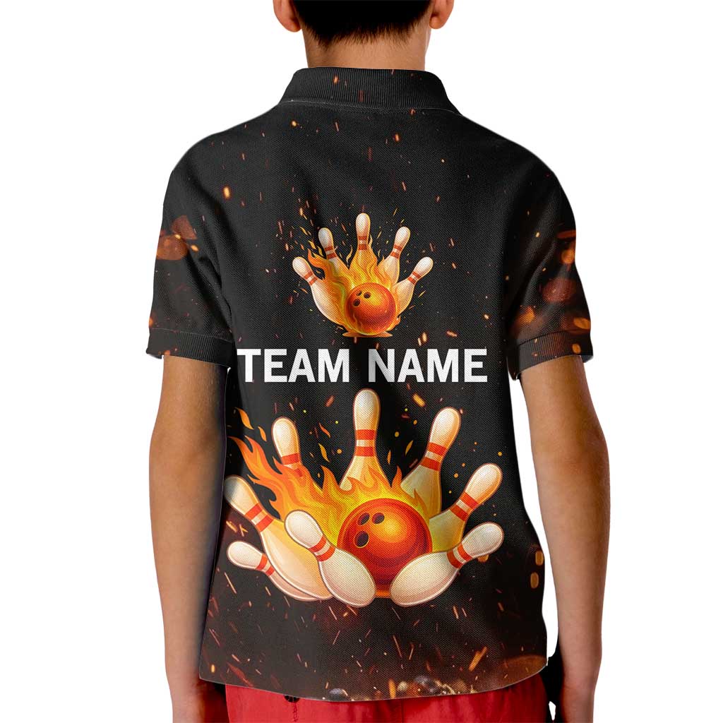 Flaming Bowling Ball Design Kid Polo Shirt with Strike Pins and Glowing Fire Sparks on Dark Background - Wonder Print Shop