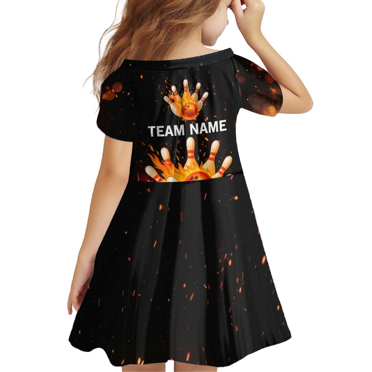 Flaming Bowling Ball Design Kid Short Sleeve Dress with Strike Pins and Glowing Fire Sparks on Dark Background - Wonder Print Shop
