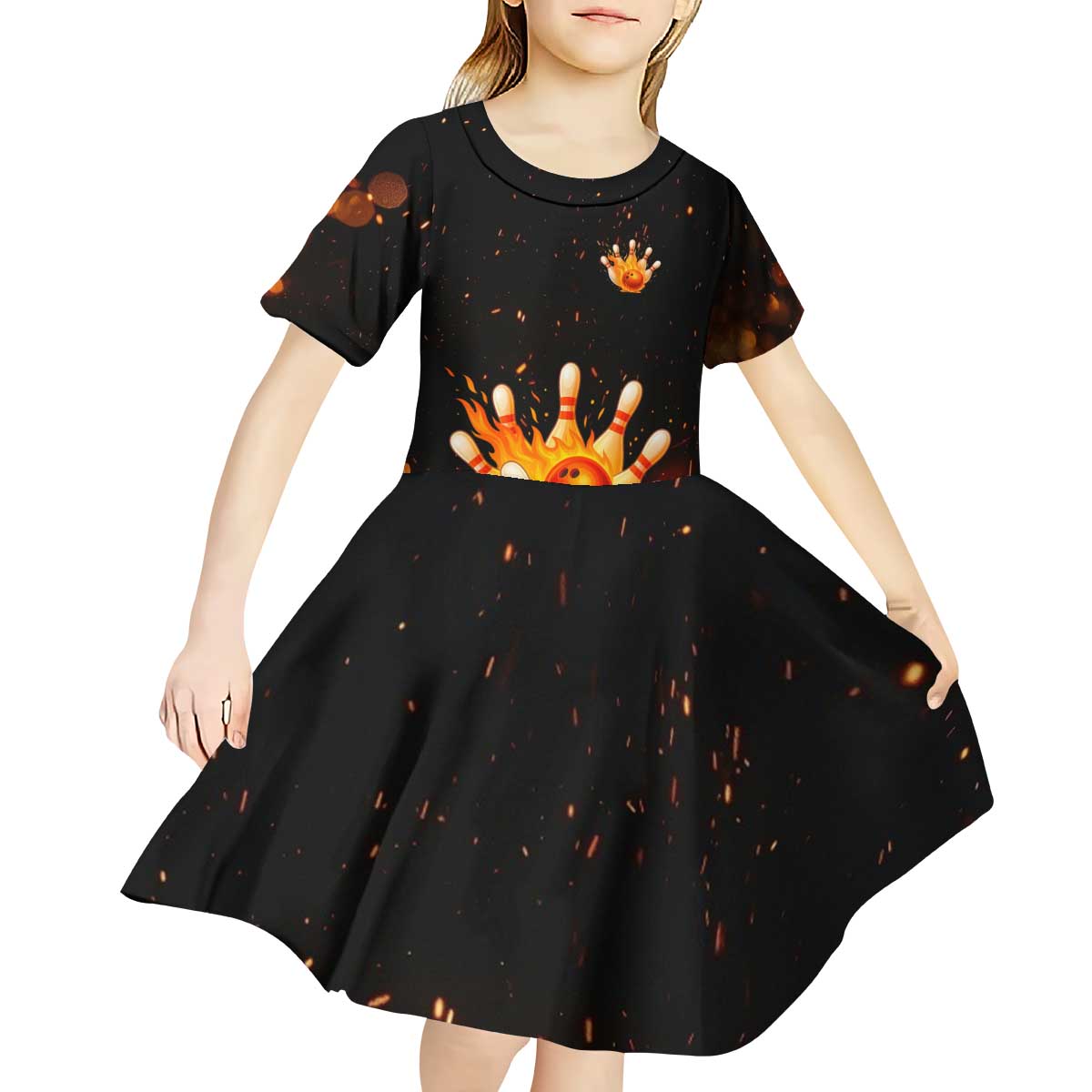 Flaming Bowling Ball Design Kid Short Sleeve Dress with Strike Pins and Glowing Fire Sparks on Dark Background - Wonder Print Shop
